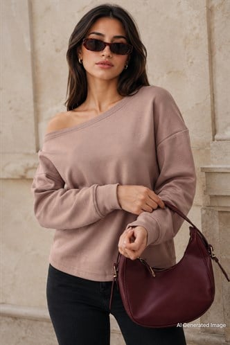 Bej Kayık Yaka Basic Sweatshirt MG2228