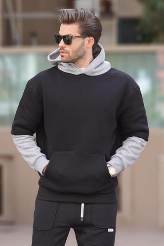 Siyah Kapüşonlu Cep Detaylı Erkek Sweatshirt 7071