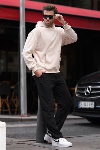 Bej Kapüşonlu Cep Detaylı Dokulu Sweatshirt E7101