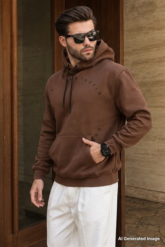 Kahverengi Kapüşonlu Cep Detaylı Nakışlı Erkek Sweatshirt 7054