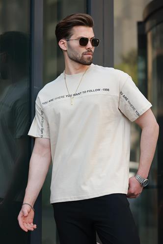 Bej Bisiklet Yaka Baskılı Basic Tişört E7156