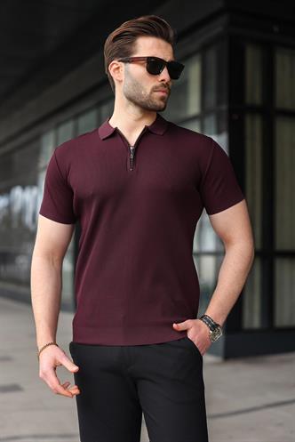 Mürdüm Yarım Fermuarlı Polo Yaka Triko Erkek Tişört E7459
