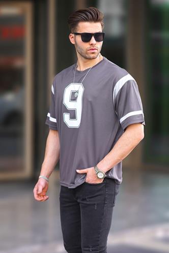 Füme Oversize Bisiklet Yaka Baskılı Tişört 6200