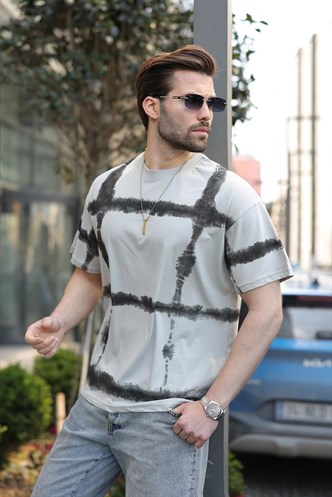 Boyalı Gri Bisiklet Yaka Baskılı Basic Erkek T-shirt E7109