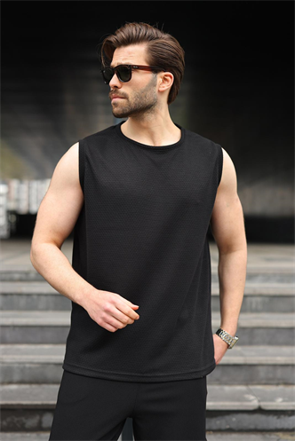 Siyah Bisiklet Yaka Jakarlı Kolsuz Erkek Tişört E7180