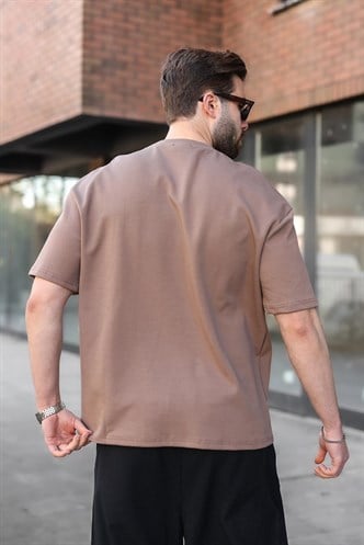 Kahverengi Bisiklet Yaka Oversize Erkek Tişört E7176
