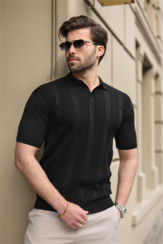 Siyah Polo Yaka Triko Erkek Tişört E7469