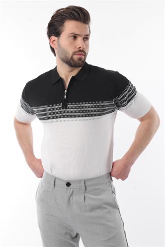 Siyah Fermuarlı Polo Yaka Desenli Erkek T-shirt E7296