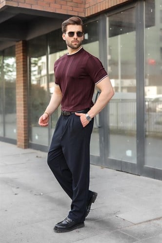 Mürdüm Bisiklet Yaka Regular Fit Triko Erkek Tişört E7487