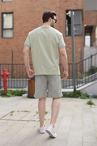 Mint Yeşili %100 Pamuklu Bisiklet Yaka Şort Tişört Takım E7359