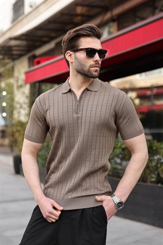 Açık Kahverengi Polo Yaka Slim Fit Triko Erkek Tişört E7465