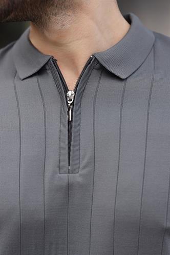 Antrasit Yarım Fermuarlı Polo Yaka Triko Erkek Tişört E7298