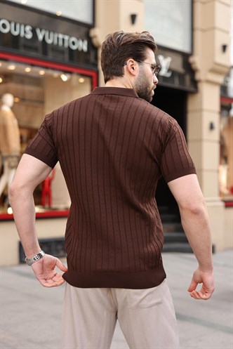 Kahverengi Polo Yaka Slim Fit Triko Erkek Tişört E7465