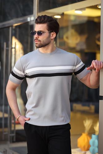 Madmext Gri Bisiklet Yaka Çizgili Erkek T-shirt E7412