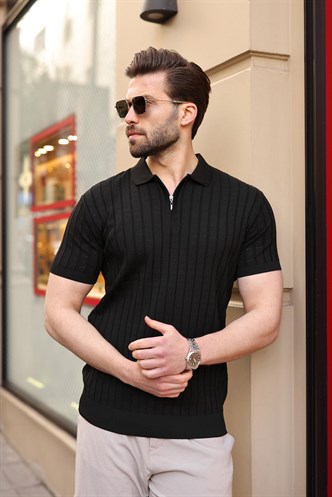 Siyah Polo Yaka Slim Fit Triko Erkek Tişört E7465