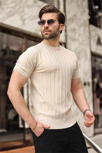 Madmext Men Beige T-Shirt 5684