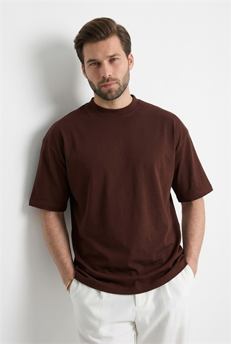 Erkek Acı Kahverengi Oversize Fit Basic Tişört 6066