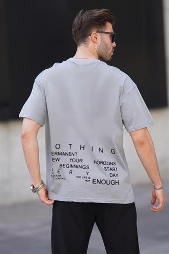 Boyalı Gri Overfit Bisiklet Yaka Sırt Baskılı Kısa Kollu Erkek Tişört 7037