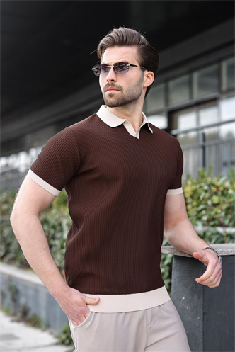 Kahverengi Polo Yaka Triko Erkek Tişört E7464