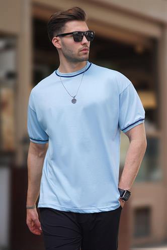 Açık Mavi Bisiklet Yaka Kol Boyun Şeritli Overfit Tişört 7024