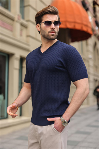 Lacivert V Yaka Kısa Kollu Triko Erkek Tişört E7467