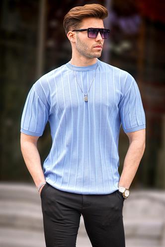 Madmext Erkek Mavi Triko Tişört 5684