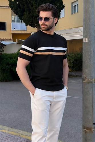 Madmext Siyah Bisiklet Yaka Çizgili Erkek T-shirt E7412