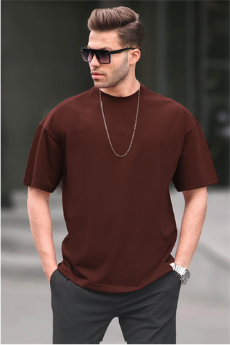 Erkek Acı Kahverengi Oversize Fit Basic Tişört 6066