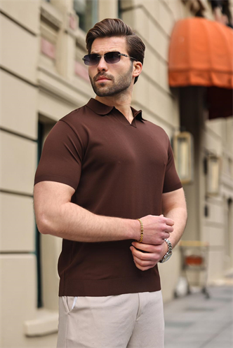 Acı Kahverengi Polo Yaka Triko Kısa Kollu Erkek Tişört E7463