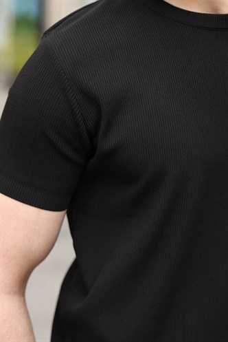 Siyah Bisiklet Yaka Fitilli Erkek Tişört E7474