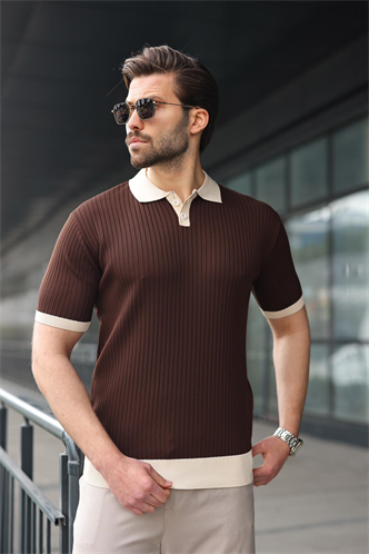 Kahverengi Polo Yaka Triko Erkek Tişört E7471
