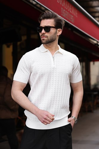 Beyaz Polo Yaka Slim Fit Triko Erkek Tişört E7465