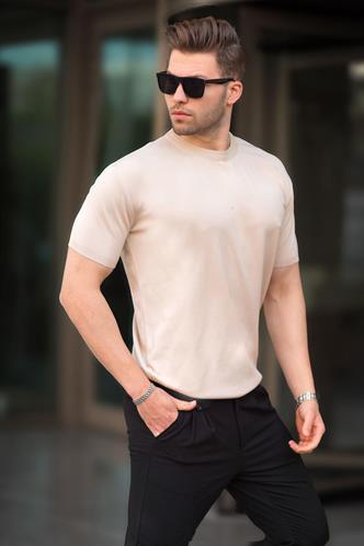 Bej Bisiklet Yaka Basic Erkek Tişört 6883