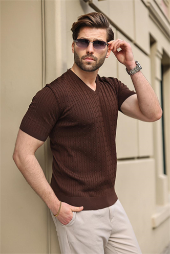 Kahverengi V Yaka Kısa Kollu Triko Erkek Tişört E7467