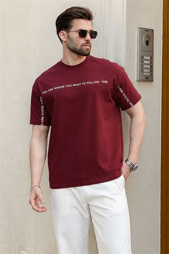 Bordo Bisiklet Yaka Baskılı Basic Tişört E7156