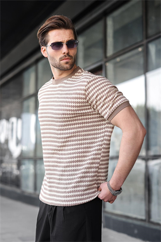 Kahverengi Jakarlı Bisiklet Yaka Erkek Tişört E7181