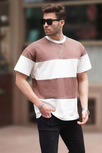 Vizon Oversize Renk Bloklu Bisiklet Yaka Tişört 7020