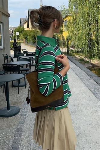 Yeşil Çizgili Düğmeli  Polo Yaka Kadın Uzun Kollu Tişört  MG2574