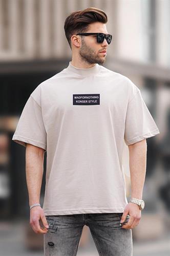 Taş Rengi Rengi Yalancı Dik Yaka Oversize Erkek Tişört 7005