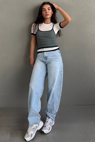 Yeşil Çizgili İkili Görünümlü Kadın Tişört MG2699