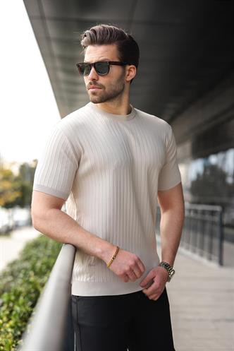 Taş Rengi Bisiklet Yaka Triko Erkek Tişört E7460