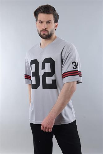 Boyalı Gri Baskılı V Yaka Erkek Tişört E5838