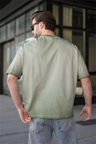 Haki %100 Pamuklu Bisiklet Yaka Oversize Erkek Tişört E7177