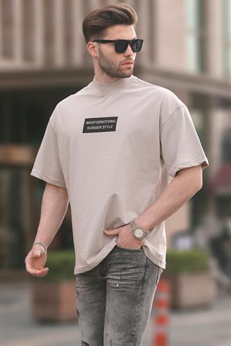 Taş Rengi Rengi Yalancı Dik Yaka Oversize Erkek Tişört 7005