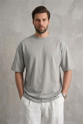 Erkek Boyalı Gri Oversize Fit Basic Tişört 6066
