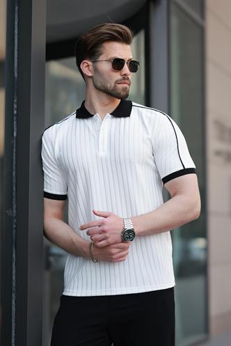 Ekru Desenli Polo Yaka Triko Erkek Tişört E7155