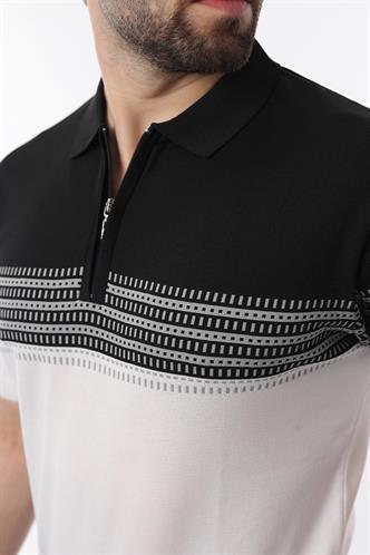 Siyah Fermuarlı Polo Yaka Desenli Erkek T-shirt E7296
