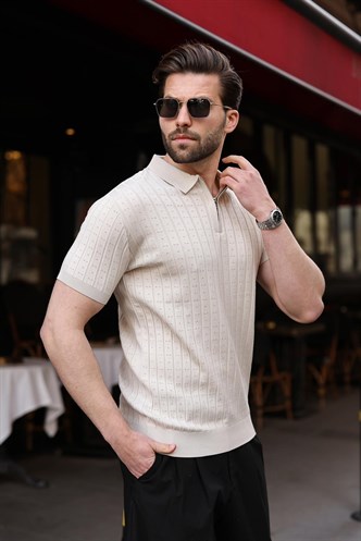 Taş Rengi Polo Yaka Slim Fit Triko Erkek Tişört E7465