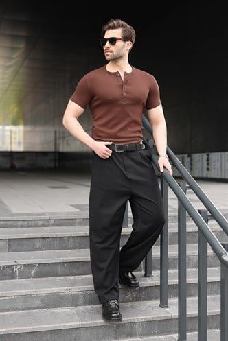 Acı Kahverengi Yarım Düğmeli Slim Fit Erkek Tişört E7186