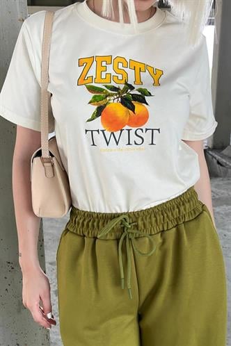 Sarı Bisiklet Yaka Pamuklu Kısa Kollu Kadın T-Shirt MG2150